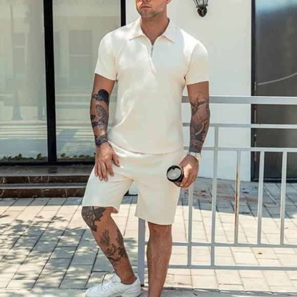 Men's Polo Shirt and Shorts Set - Beige 2 Piece Tracksuit - Picture 2 of 5